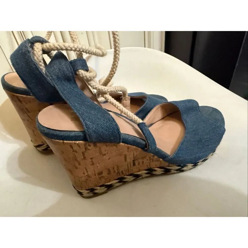 Mix No. 6 Women's Denim Strappy Espadrille Wedge Sandals Blue Cream Size 7.5